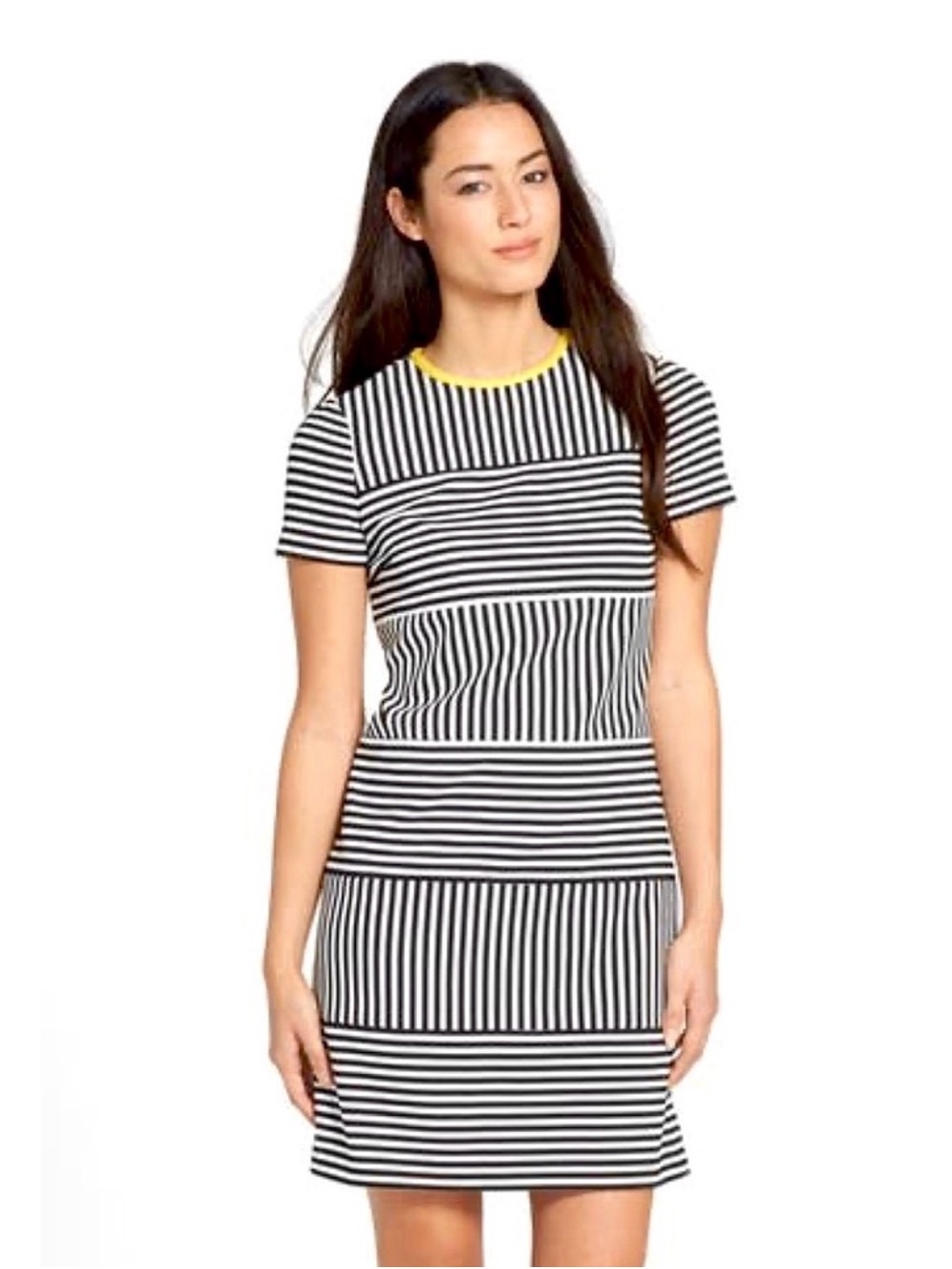 Maggy London Black & White Striped Short Sleeve Dress with Yellow Trim